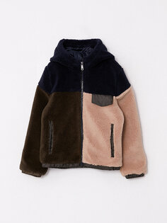 Плюшевое пальто для мальчика с капюшоном и цветными блоками LCW Kids