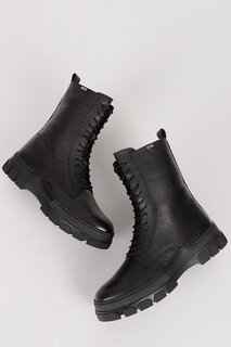 ЧЕРНЫЕ женские повседневные ботинки из натуральной кожи с круглым носком на молнии и шнуровке 55415 GÖNDERİ(R)