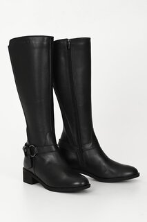 ЧЕРНЫЕ женские повседневные ботинки из натуральной кожи с круглым носком, резиновой подошвой, каблуком и пряжкой GN516 GÖNDERİ(R)