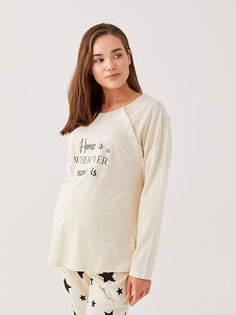 Пижамный комплект для беременных с круглым вырезом и принтом с длинными рукавами LCW DREAM, кремовый принт