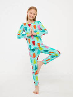 Пижамный комплект для девочек с круглым вырезом и принтом с длинными рукавами LCW Kids, зеленый принт