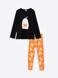 Пижамный комплект для девочек с круглым вырезом и принтом с длинными рукавами LCW Kids, новый черный