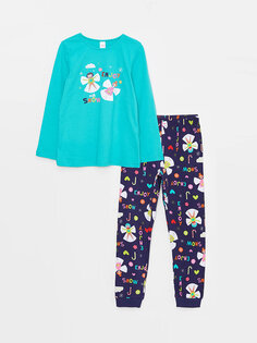 Пижамный комплект для девочек с круглым вырезом и принтом с длинными рукавами LCW Kids, вода зеленая
