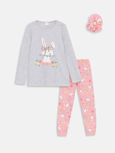 Пижамный комплект для девочек с круглым вырезом и принтом с длинными рукавами LCW Kids, серый меланж