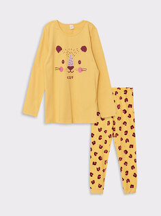 Пижамный комплект для девочек с круглым вырезом и принтом с длинными рукавами LCW Kids, желтый