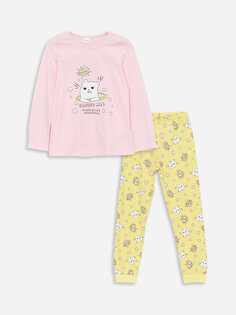 Пижамный комплект для девочек с круглым вырезом и принтом с длинными рукавами LCW Kids, розовый
