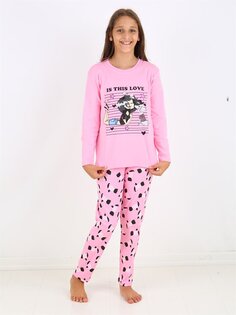 Пижамный комплект для девочек с круглым вырезом и принтом с длинными рукавами Vitmo Vitamin, темно-розовый
