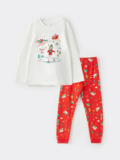 Пижамный комплект для девочки с круглым вырезом и длинными рукавами в новогодней тематике LCW Kids, экрю