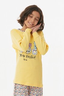 Пижамный комплект для девочки с принтом кота Fullamoda, желтый