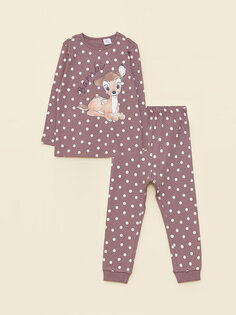 Пижамный комплект для маленьких девочек с круглым вырезом и длинными рукавами с принтом Бэмби LCW baby, матовый фиолетовый с принтом
