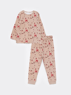 Пижамный комплект для маленьких девочек с круглым вырезом и длинными рукавами с принтом LCW baby, бежевый с принтом