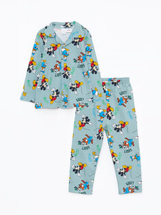 Пижамный комплект для маленьких мальчиков с воротником-поло и длинными рукавами с принтом Микки Мауса LCW baby, матовый синий с принтом