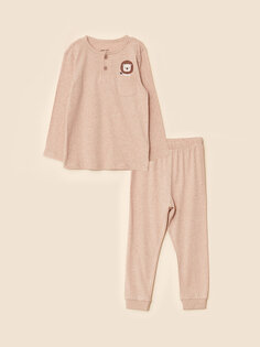 Пижамный комплект для маленьких мальчиков с круглым вырезом и длинными рукавами с принтом LCW baby, светло-коричневый меланж