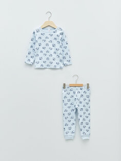 Пижамный комплект для маленьких мальчиков с круглым вырезом и длинными рукавами с принтом LCW baby, голубой принт
