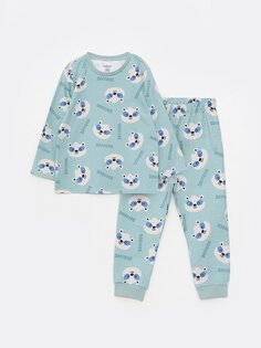 Пижамный комплект для маленьких мальчиков с круглым вырезом и длинными рукавами с принтом LCW baby, зеленый принт