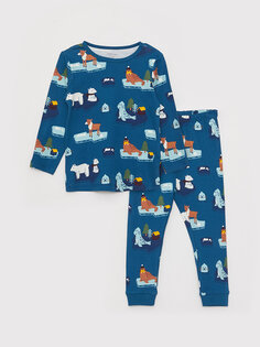 Пижамный комплект для маленьких мальчиков с круглым вырезом и длинными рукавами с принтом LCW baby, темно-синий принт