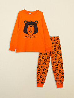 Пижамный комплект для мальчика из органического хлопка с длинными рукавами и круглым вырезом с принтом LCW Kids, апельсин
