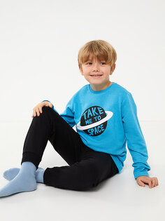 Пижамный комплект для мальчика с круглым вырезом и длинными рукавами с принтом LCW ECO, бирюзовый