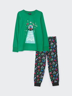 Пижамный комплект для мальчика с круглым вырезом и длинными рукавами с принтом LCW Kids, зеленый