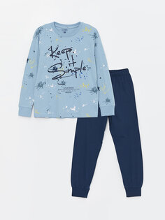 Пижамный комплект для мальчика с круглым вырезом и длинными рукавами с принтом LCW Kids, синий принт