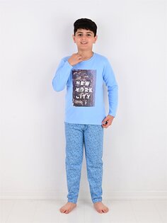 Пижамный комплект для мальчика с круглым вырезом и длинными рукавами с принтом Vitmo Vitamin, дымчатый синий