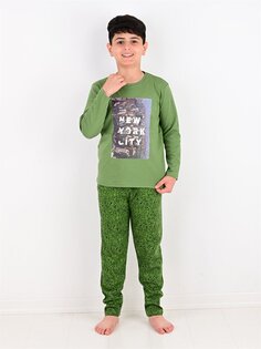 Пижамный комплект для мальчика с круглым вырезом и длинными рукавами с принтом Vitmo Vitamin, зеленый