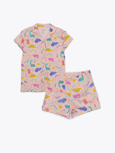 Пижамный комплект с короткими рукавами и шортами для девочки с воротником рубашки и рисунком LCW Kids