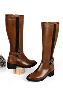 Женские повседневные ботинки из натуральной кожи с круглым носком, резиновой подошвой, каблуком и застежкой-молнией 44596 GÖNDERİ(R), тан-браун