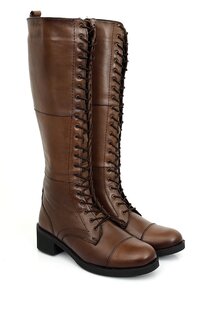 Женские повседневные ботинки из натуральной кожи с круглым носком и резиновой подошвой на каблуке и шнуровке 46577 GÖNDERİ(R), коричневый