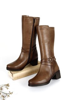 Женские повседневные ботинки из натуральной кожи с круглым носком, резиновой подошвой, каблуком, застежкой-молнией и пряжкой, 46575 GÖNDERİ(R), норка
