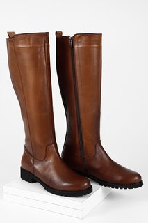 Женские повседневные ботинки на молнии из натуральной кожи с круглым носком и резиновой подошвой на каблуке 44551 GÖNDERİ(R), тан-браун