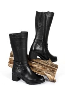 Женские повседневные ботинки из натуральной кожи с круглым носком, резиновой подошвой, каблуком, застежкой-молнией и пряжкой, 46575 GÖNDERİ(R), черный