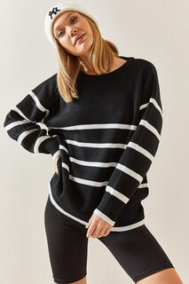 Черный полосатый свитер с круглым вырезом 4KXK3-47732-02 XHAN