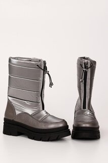 СЕРЕБРЯНЫЕ женские зимние ботинки на молнии с круглым носком 35152 GÖNDERİ(R)