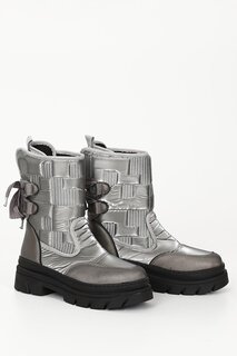 СЕРЕБРЯНЫЕ женские зимние ботинки со шнуровкой и круглым носком 35945 GÖNDERİ(R)