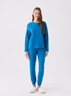 Однотонный женский пижамный комплект с круглым вырезом и длинными рукавами LCW DREAM, средний синий