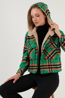 Короткое пальто в клетку с мягкой подкладкой и капюшоном 42190476 Lela, зеленый