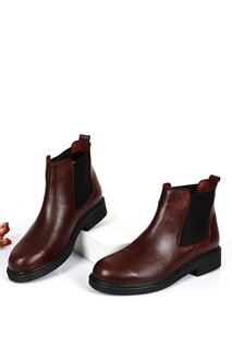 Бордово-красные женские повседневные ботинки «Челси» из натуральной кожи с круглым носком и резиновой подошвой на каблуке 42424 GÖNDERİ(R)