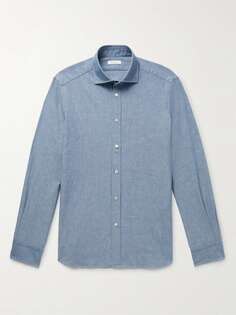 Рубашка Slim Fit с воротником-стойкой из хлопка и шамбре BOGLIOLI, синий