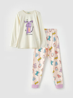 Пижамный комплект для девочек с круглым вырезом и принтом с длинными рукавами LCW Kids, кремового цвета