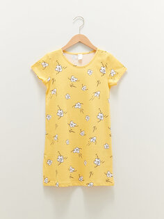 Хлопковая ночная рубашка для девочек с круглым вырезом и короткими рукавами с принтом LCW Kids, пастельно-желтый баск