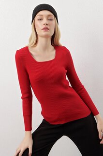 Женский бордовый, красный, с квадратным вырезом, базовый трикотаж в рубчик, свитер Z Giyim