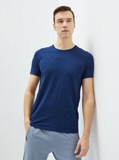 Мужская футболка из чесаного хлопка с круглым вырезом и короткими рукавами LCWAIKIKI Basic, светло-темно-синий