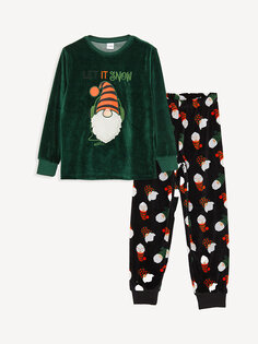 Бархатный пижамный комплект для мальчика с длинными рукавами и круглым вырезом в новогоднем стиле LCW Kids