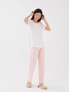Однотонный женский пижамный комплект с круглым вырезом и короткими рукавами LCW DREAM, розовый с принтом
