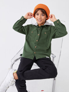 Габардиновая рубашка удобного кроя с капюшоном для мальчика LCW Kids, средне-зеленый