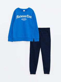 Толстовка и спортивные штаны с длинными рукавами и круглым вырезом для мальчиков с принтом LCW Kids, темно-синий