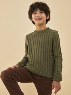 Базовый трикотажный свитер для мальчиков с круглым вырезом и длинными рукавами LCW Kids, светлый хаки
