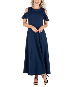 Женское платье макси трапециевидного силуэта с открытыми плечами и рюшами 24seven Comfort Apparel, темно-синий