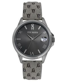 Женские часы из серой полиуретановой кожи с черным логотипом Steve Madden и прострочкой, 41 мм